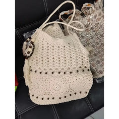 【Boho Crochet Beach Bag】Tassel & bead accents, large capacity shoulder & hand carry, foldable lightweight durable, perfect for beach vacation & commuting.*khaki
