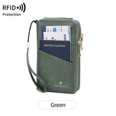 Green RFID Blocking Passport Wallet - Multi-Function Travel Organizer with Double Zipper and Crossbody Strap