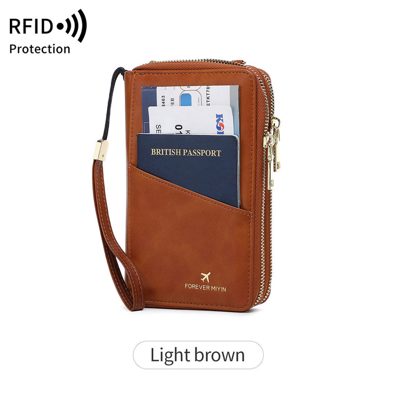 Light Brown RFID Blocking Passport Wallet - Multi-Function Travel Organizer with Double Zipper and Crossbody Strap