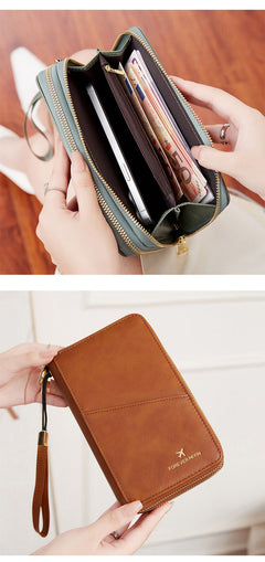 Light Brown RFID Blocking Passport Wallet - Multi-Function Travel Organizer with Double Zipper and Crossbody Strap