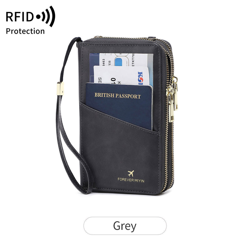 Dark Grey RFID Blocking Passport Wallet - Multi-Function Travel Organizer with Double Zipper and Crossbody Strap