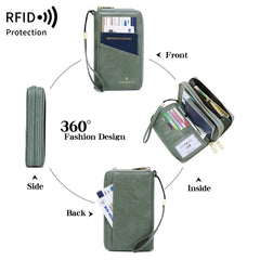 Dark Grey RFID Blocking Passport Wallet - Multi-Function Travel Organizer with Double Zipper and Crossbody Strap