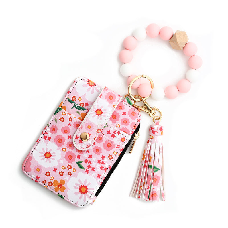 Floral Slim Card Holder Wallet with Beaded Keychain Bracelet & Tassel - 4 Card Slots, ID Window(Light pink)