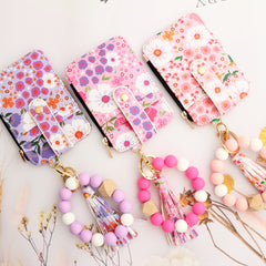 Floral Slim Card Holder Wallet with Beaded Keychain Bracelet & Tassel - 4 Card Slots, ID Window(Rose red)