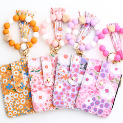 Floral Slim Card Holder Wallet with Beaded Keychain Bracelet & Tassel - 4 Card Slots, ID Window(Light purple)