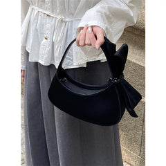 Chic Black Crescent Bag with Statement Bow - PU Leather Shoulder Purse