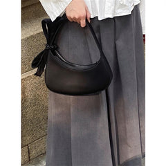 Chic Black Crescent Bag with Statement Bow - PU Leather Shoulder Purse