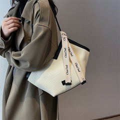 Chic Textured PU Leather Tote Bag with V-Cut Design & Decorative Ribbon Strap Accent(White)