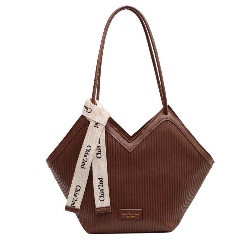 Chic Textured PU Leather Tote Bag with V-Cut Design & Decorative Ribbon Strap Accent(Coffee)