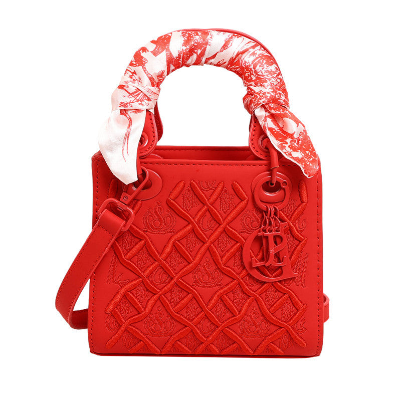 Elegant Embossed PU Leather Handbag with Scarf Detail - Versatile Top-Handle & Crossbody Bag(red)