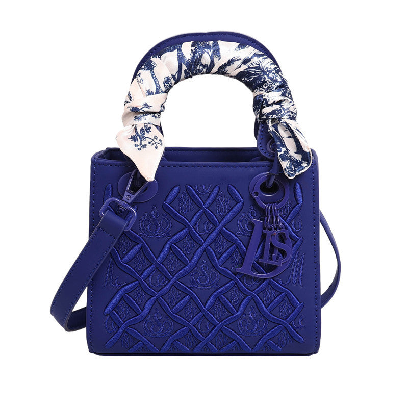 Elegant Embossed PU Leather Handbag with Scarf Detail - Versatile Top-Handle & Crossbody Bag(dark blue)