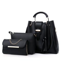 Black Chic 3-Piece Women's Handbag Set - PU Leather Tote, Crossbody Bag & Clutch Purse