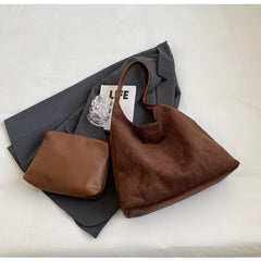 Coffee color Chic Faux Suede Tote Bag with Matching Pouch | Large Capacity Slouchy Shoulder Bag