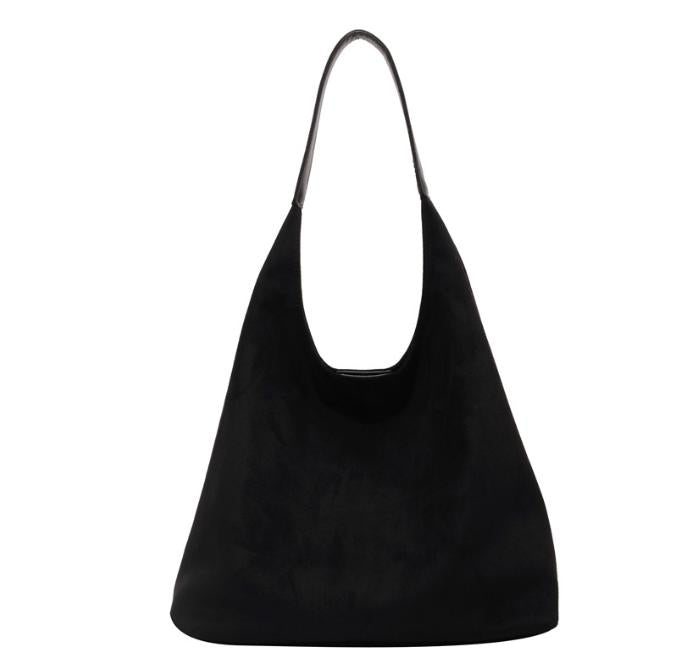 Black Chic Faux Suede Tote Bag with Matching Pouch | Large Capacity Slouchy Shoulder Bag