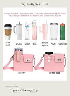 Chic PU Leather Crossbody Bag with Tumbler Holder - Multi-Compartment, Adjustable Strap,Does not include thermos cup(pink)