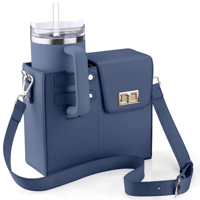 Chic PU Leather Crossbody Bag with Tumbler Holder - Multi-Compartment, Adjustable StrapChic PU Leather Crossbody Bag with Tumbler Holder - Multi-Compartment, Adjustable Strap,Does not include thermos cup(blue)