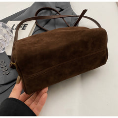 Brown Chic Ruched Handle Crossbody Bag - Womens Faux Suede Top Handle Handbag with Detachable Strap