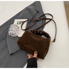 Brown Chic Ruched Handle Crossbody Bag - Womens Faux Suede Top Handle Handbag with Detachable Strap