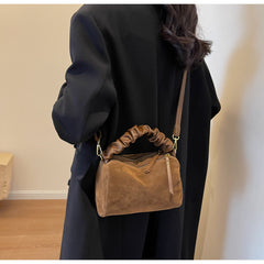 Brown Chic Ruched Handle Crossbody Bag - Womens Faux Suede Top Handle Handbag with Detachable Strap