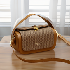 Brown Elegant Top Handle Crossbody Bag - Structured PU Leather Box Purse for Women