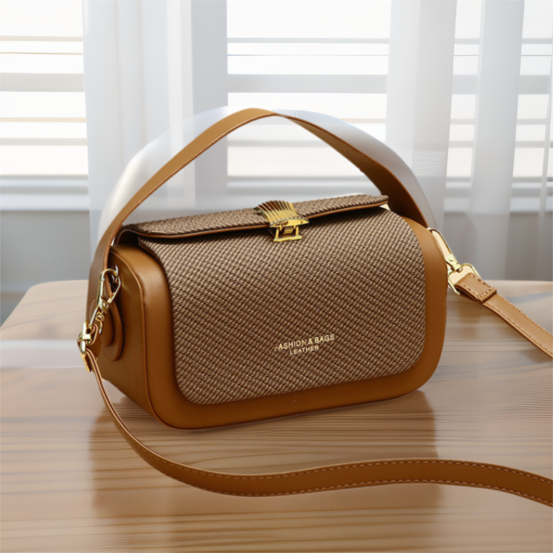 Brown Elegant Top Handle Crossbody Bag - Structured PU Leather Box Purse for Women