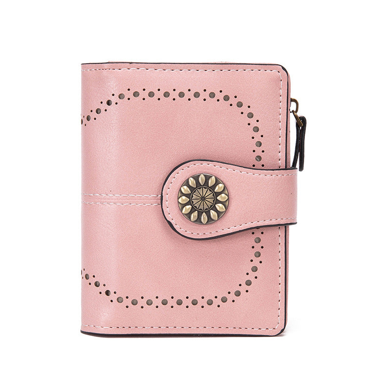 Pink Korean Style Cutout Compact PU Leather Wallet - Women's Mini Bifold Purses with 8 Card Slots, 2 ID Window & Coin Zip Pocket