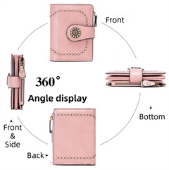 Pink Korean Style Cutout Compact PU Leather Wallet - Women's Mini Bifold Purses with 8 Card Slots, 2 ID Window & Coin Zip Pocket