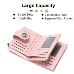 Black Korean Style Cutout Compact PU Leather Wallet - Women's Mini Bifold Purses with 8 Card Slots, 2 ID Window & Coin Zip Pocket