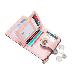 Black Korean Style Cutout Compact PU Leather Wallet - Women's Mini Bifold Purses with 8 Card Slots, 2 ID Window & Coin Zip Pocket