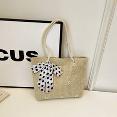 Khaki Women's Straw Woven Tote Bag Summer Daisy Embroidery Shoulder Handbag with Ribbon Scarf