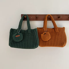 Dark Green Handcrafted Crochet Tote Bag – Vintage-Style Woven Cotton-Yarn Look Bag