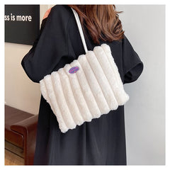 White Faux Fur Tote Bag with Large Capacity, Soft Plush Material & Adjustable Handle – Stylish Shoulder Handbag for Women, Perfect for Daily Commute and Casual Wear