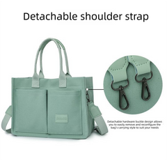 Beige Large Canvas Tote Bag for Women - Multi-Pocket Utility Organiser with Wide Adjustable Shoulder Strap - Trendy Crossbody and Handheld Bag for Work, Shopping and Travel - Daily Comfort Solution