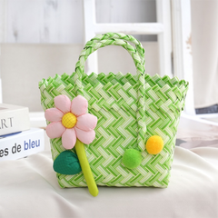 Handwoven Fresh PP Tote Bag with Upright Square Structure & Flower Deco, Durable Mini Spring Picnic Basket and Favour Handbag 16x16x9cm, Green White Contrastion
