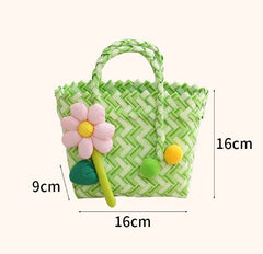 Handwoven Fresh PP Tote Bag with Upright Square Structure & Flower Deco, Durable Mini Spring Picnic Basket and Favour Handbag 16x16x9cm, Green White Contrastion