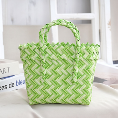 Handwoven Fresh PP Tote Bag with Upright Square Structure, Durable Mini Spring Picnic Basket and Favour Handbag 16x16x9cm, Green White Contrastion