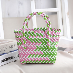 Handwoven Fresh PP Tote Bag with Upright Square Structure, Durable Mini Spring Picnic Basket and Favour Handbag 16x16x9cm, Green Pink Contrastion