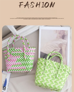Handwoven Fresh PP Tote Bag with Upright Square Structure, Durable Mini Spring Picnic Basket and Favour Handbag 16x16x9cm, Green Pink Contrastion