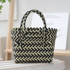Handwoven Fresh PP Tote Bag with Upright Square Structure & Flower Deco, Durable Mini Spring Picnic Basket and Favour Handbag 16x16x9cm, Black Contrastion