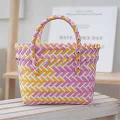 Handwoven Fresh PP Tote Bag with Upright Square Structure & Flower Deco, Durable Mini Spring Picnic Basket and Favour Handbag 16x16x9cm, Pink Yellow Contrastion