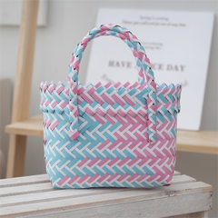 Handwoven Fresh PP Tote Bag with Upright Square Structure & Flower Deco, Durable Mini Spring Picnic Basket and Favour Handbag 16x16x9cm, Pink Blue Contrastion