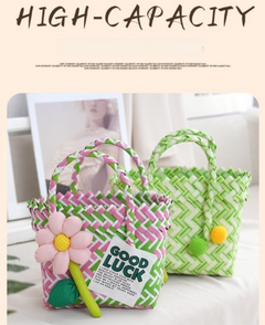 Handwoven Fresh PP Tote Bag with Upright Square Structure & Flower Deco, Durable Mini Spring Picnic Basket and Favour Handbag 16x16x9cm, Pink Blue Contrastion