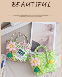 Handwoven Fresh PP Tote Bag with Upright Square Structure & Flower Deco, Durable Mini Spring Picnic Basket and Favour Handbag 16x16x9cm, Pink Blue Contrastion